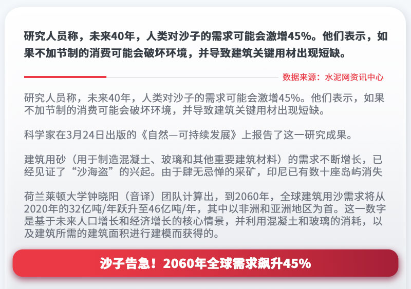 沙子告急！2060年全球需求飙升45%，投资人工机制砂“钱”景大好！